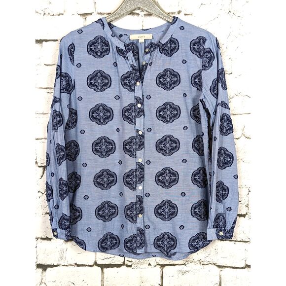 LOFT Boho Peasant Cottage Button-Front Medallion Print Top Blue Size Medium - Picture 2 of 6
